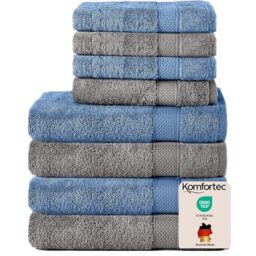 Komfortec Set of 8 Hand Towels 100% Cotton, 4 Bath Towels 70 x 140 cm and 4 Hand Towels 50 x 100 cm, Terry Cloth, Soft, Towel, Large, Anthracite/Light Blue