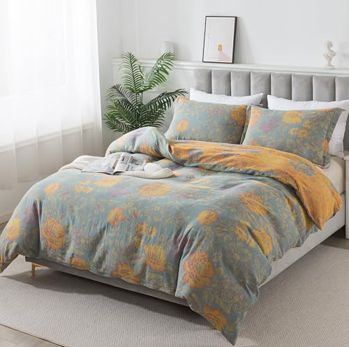 Helthep Flower 3Pcs Duvet Cover Set,100% Double Layer Washed Cotton Gauze Lightweight Soft Breathable Farmhouse Floral Bedding Set w 1 Duvet Cover + 2 Pillowcases, Queen Size Grey Bedding Set