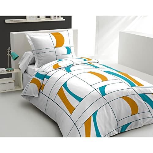 Home Linge Passion - Duvet Cover - 2 Pieces - 100% Cotton - 57 Thread Count - 1 Person - 140 x 200 cm - Atoll Turquoise-Orange