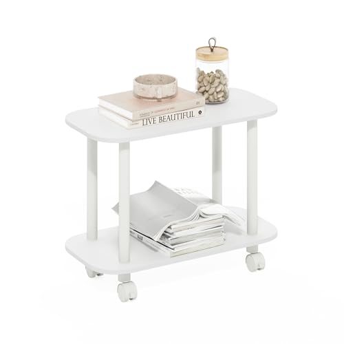 Furinno TURN-N-TUBE Side Table, 2-Tier Oval Sofa End Table with Wheels, Round Corner Night Stand, Bedside Table with Open Shelf, Toolless Assembly, for Living Room, Bedroom, White