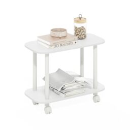 Furinno TURN-N-TUBE Side Table, 2-Tier Oval Sofa End Table with Wheels, Round Corner Night Stand, Bedside Table with Open Shelf, Toolless Assembly, for Living Room, Bedroom, White