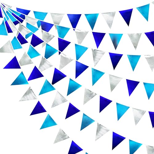 Navy Blue Silver Party Decorations Metallic Fabric Triangle Pennant Banner Flag Bunting Garland for Graduation Birthday Retirement Wedding Bachelorette Nautical Ahoy Achor Outdoor Party Supplies