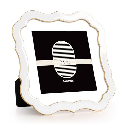Axeman 5x5 Square Picture Frame with Mat for 4x4 Photo-Tempered Glass-5 x 5 Ornate Enamel Photo Frame with Gold Metal Edge Velvet Back for Tabletop and Wall Mount Display for Shelf & Desk, White