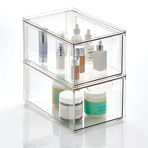mDesign Storage Box ??? Deep Stackable Plastic Container with Pull-Out Drawer ??? Bathroom Organiser Box for Toiletries, Makeup and Beauty Products ??? Set of 2 ??? Clear