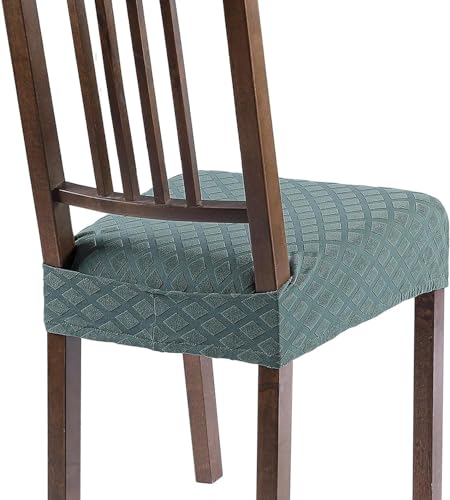 SearchI Stretch Dining Chair Seat Covers Set of 6, Soft Removable Washable Seat Covers for Dining Chairs, Dining Room Seat Cover Slipcover Protector (Rear-Covered, Green Diamond Jacquard)