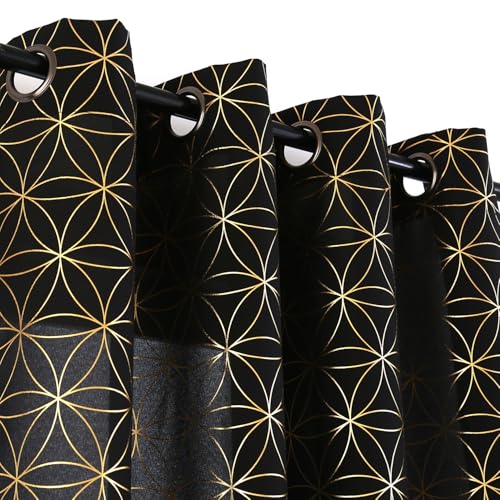 "Taisier Home Gold Printing Grommet Top Style Curtains,Metallic Moroccan Tile Foil Print Black Drapes,Light Filtering Window Treatment for Bedroom Living Room 52"" Wx63 L 2 Panels"