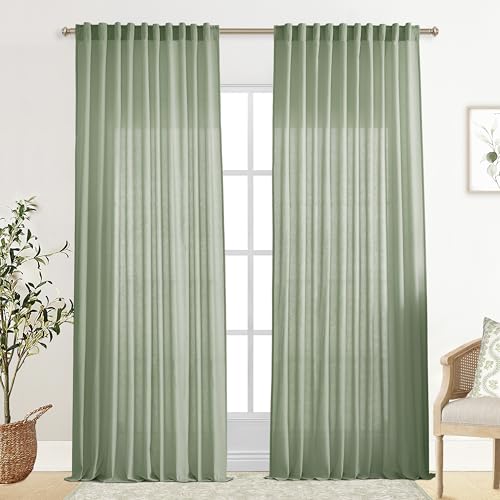XTMYI 70 Inches Wide Sage Green 96 Inches Long Country Curtains for Living Room,Sheer Linen Curtains for Bedroom