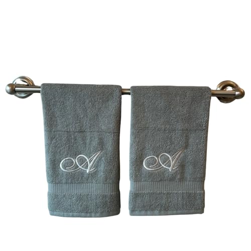 Gray Monogrammed Hand Towels for Bathroom - Luxury Hotel Quality Personalized Initial Embroidered Towel for Powder Room, Spa - GOTS Organic Certified - Set of 2 Silver Letter A