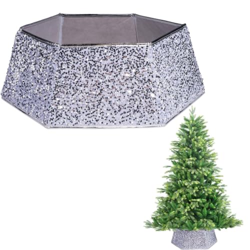 "26.8"" Christmas Tree Collar Silver Sequin, Tree Base Stand Cover Tree Skirt - Foldable Xmas Tree Trunk Basket, Glitter Effect, Hexagon Shape for Christmas Decoration"
