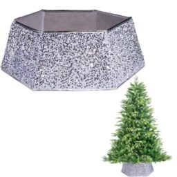 "26.8"" Christmas Tree Collar Silver Sequin, Tree Base Stand Cover Tree Skirt - Foldable Xmas Tree Trunk Basket, Glitter Effect, Hexagon Shape for Christmas Decoration"