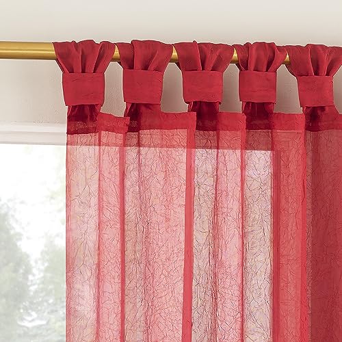"No. 918 Margaret 2-Pack Holiday Twist Tab Crushed Texture Sheer Tab Top Curtain Panel Pair, 51"" x 63"", Holiday Red"