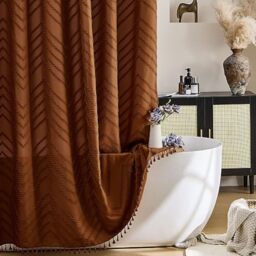 Siiluminisoy Boho Shower Curtain with Tassel - Woven Fabric Pumpkin Orange 72 x 72 - Modern Farmhouse Textured Tufted Chevron Striped Minimalist Bathroom Decor