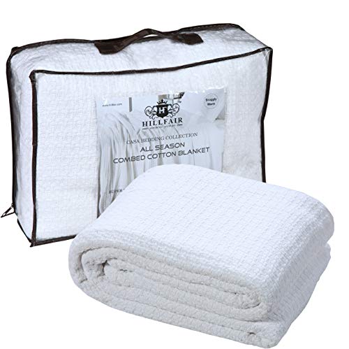 HILLFAIR 100% Soft Premium Combed Cotton Thermal Blanket– Twin Blankets – Soft Cozy Warm Cotton Blanket– Bed Throw Blanket– Twin Bed Blankets– All Season Cotton Blankets– White Twin Cotton Blankets