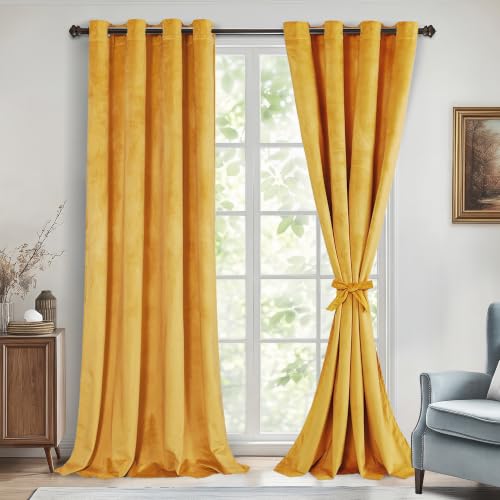 DWCN Gold Velvet Curtains 90 Inches Long - Room Darkening Privacy Protect Window Treatments Thick Grommet Tieable Privacy Drapes for Bedroom Living Room Home Decor, Gold, W52 x L90, 2 Panels