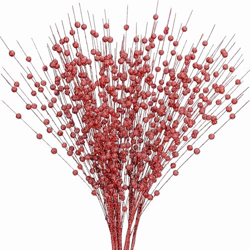 Artificial Glitter Berry Stems Decorations 17 Inch, Fake Berries Bead Sticks Pick for Halloween Christmas Ornaments Berries Stem Xmas Tree Picks Wreath Vase Filler Home DIY Decor - Red 10 Pack