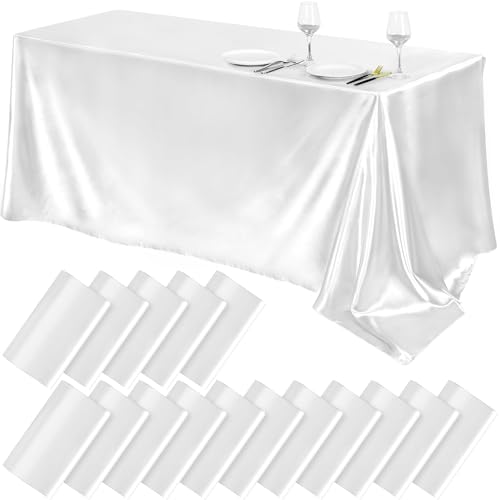 TURSTIN 16 Packs White Satin Tablecloth 102 x 58 Inch Overlay Satin Table Cover Rectangle Bright Silk Tablecloth Smooth Fabric Table Decoration for Wedding Banquet Party Events