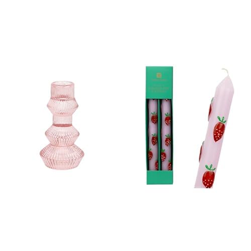 Pink Ribbed Tall Glass Holder & Strawberry Dinner Candles Valentines Bundle