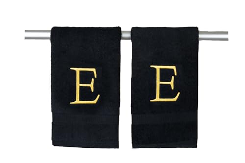Black with Gold Monogrammed Hand Towels for Bathroom - Set of 2 Letter E - Luxury Hotel Quality Initial Towels For Powder Room, Spa, GOTS Organic Certified