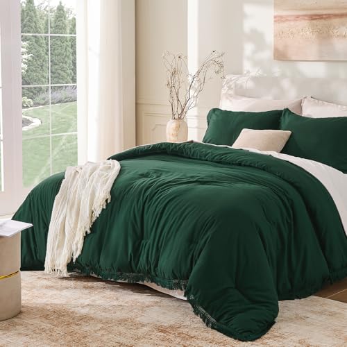 Andency Comforter California King Emerald Green, 3 Pieces Boho Bedding - Lightweight Comforter Sets, All Season Tassel Bed Set (1 Comforter 104x96 & 2 Pillowcases)
