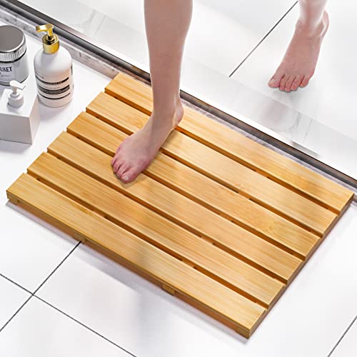 Domax Bamboo Bath Mat - Rectangular, Natural, 21.26 x 14.17 Inches, Non-Slip, Waterproof, Wooden Shower Floor Mat for Bathroom, Sauna, Spa, Outdoor Use