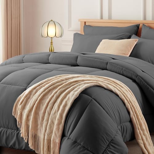 Newspin Full Comforter Set Grey - Bed in a Bag Full Size 7 Pieces, All Season Bed Set, Fluffy Comforter Set with Sheets, Sheet Set Quilt Blanket, Pillowcases & Shams
