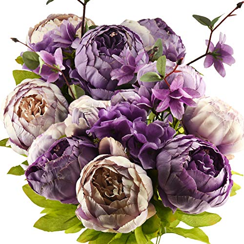 FiveSeasonStuff Dusty Purple & Greenery Accents Artificial Peony Bouquet, Two Coordinating Faux Silk Flower Bundles with Hydrangeas