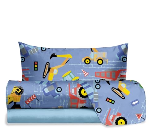 hermet Jolly Tractor Single Bed Sheet Set, 100% Cotton, Top Sheet + Fitted Sheet + Pillowcase, Bedding Set with Design for Bedroom