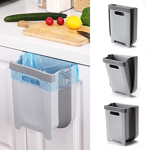 SheMarie Hanging Collapsible Trash Can - 9L Wall Mounted Foldable Waste Bin for Kitchen Cabinet Door - Quickly Clean Counter, Sink, Bathroom - RV, Car, Camping Folding Garbage Basket (Gray)