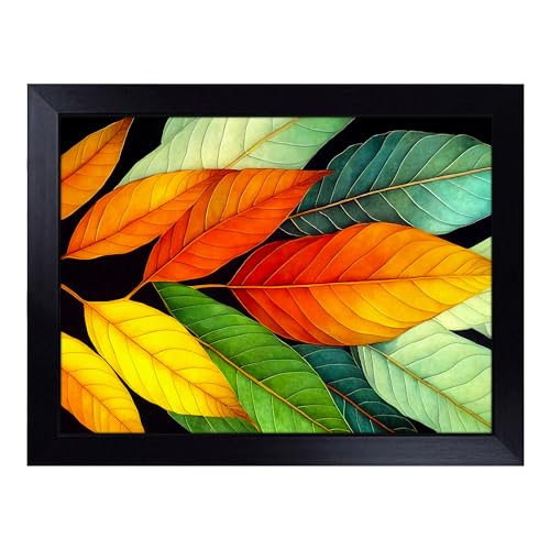 Lap Tray with Bean Bag Cushion, Colourful Leaves - Handmade in the UK, Raised Wooden Edge, Padded Cushion, Heat-Resistant Wipe-Clean Surface, for Meals, Laptops and Crafts