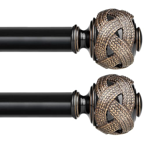 USFOOK 2 Pack Curtain Rods for Windows 32-58 Inch, Black - 7/8 Inch Diameter Window Treatment Rods, 22lbs Weight Capacity Heavy Duty Pole, Easy Install for Living Room, Leaf Finials