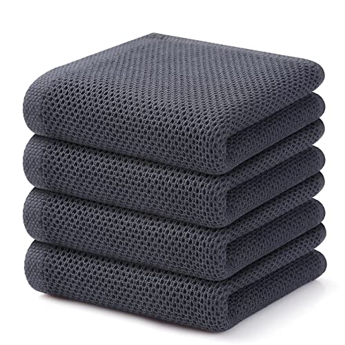 Kitinjoy 100% Cotton Waffle Weave Kitchen Towels, 4-Pack Super Soft and Absorbent Kitchen Dish Towels for Drying Dishes, Kitchen Hand Towels, 13 in x 28 in, Dark Grey