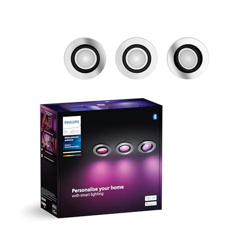 Philips Hue White & Color Ambiance Centura Pack of 3 Round recessed spotlights, dimmable Ceiling Lights for The Hue System with 16 Million Colours, Intelligent Light Control via Voice and app.