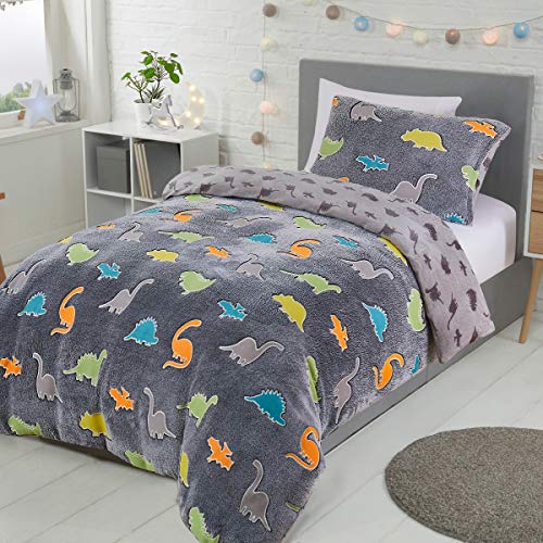 Sleepdown Dinosaur Glow in The Dark Kids Boys Girls Reverse Soft Feel Fleece Duvet Cover Quilt Bedding Set with Pillowcase-Single (135cm x 200cm), Polyester, Charcoal Grey