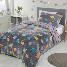 Sleepdown Dinosaur Glow in The Dark Kids Boys Girls Reverse Soft Feel Fleece Duvet Cover Quilt Bedding Set with Pillowcase-Single (135cm x 200cm), Polyester, Charcoal Grey