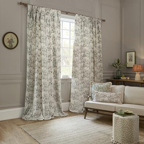 Sanderson Chinese Lanterns Room Darkening Pencil Pleat Curtain Pair– Floral Embroidered Striped Lined Drapes (Linen - 117x183cm)
