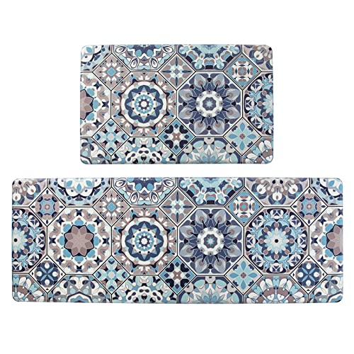 "Jabogrii Anti Fatigue Kitchen Mat Set of 2 Blue Cushioned Kitchen Rugs Comfort Floor Mat PVC Waterproof Non Slip Kitchen Carpet Rug Runner for Sink Laundry 17""x48""+17""x28"""