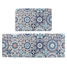 "Jabogrii Anti Fatigue Kitchen Mat Set of 2 Blue Cushioned Kitchen Rugs Comfort Floor Mat PVC Waterproof Non Slip Kitchen Carpet Rug Runner for Sink Laundry 17""x48""+17""x28"""