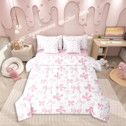 Erosebridal Pink Bow 7 Piece Bedding Set for Girls,Cute Kawaii Bowknot Comforter Set Twin Size for Kids Teen Women,Romantic Coquette Bow Bed in A Bag with Sheets Dreamy Princess Style Bed Set
