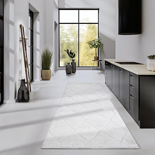 Elle Decor ation High Pile Perrotin Rug, Modern Living Room Rug Runner, Long Pile Shaggy, Modern Pattern, Fluffy, Soft Boho for Living Room, Bedroom, Cream White, 80 x 240 cm