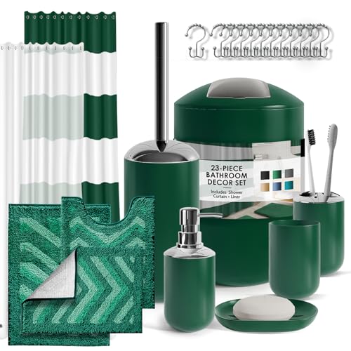 Clara Clark Bathroom Set - 23PC Shower Curtain Set with Bathroom Trash Can, Green Bathroom Set, Bathroom Sets with Shower Curtain and Green Rugs
