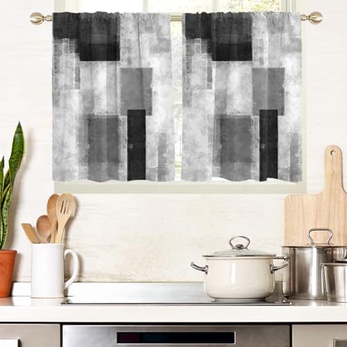 "AAtter Black White Kitchen Curtains, Abstract, 27.5"" W x 36"" L, 2 Panels - Dark Grey Rod Pocket, Small Short Bathroom Window Tiers, Modern Gothic Style, Cool Geometric Plaid, Trendy Checkered for Men"