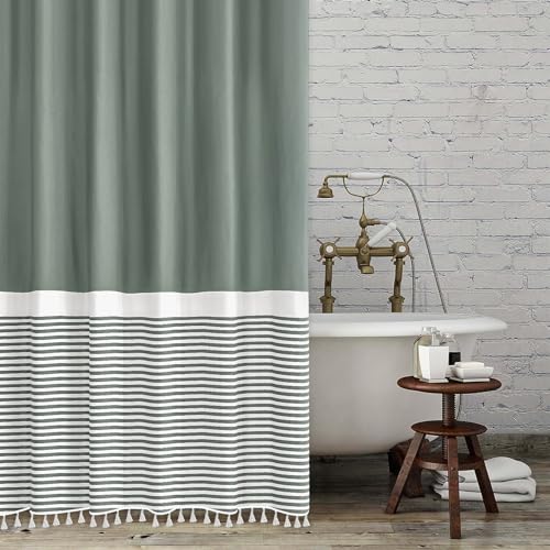 Seasonwood Shower Curtain with White Tassels Modern Farmhouse White Striped Sage Green Shower Curtains for Bathroom 72 x 72 inch Waterproof Fabric Shower Curtain Set