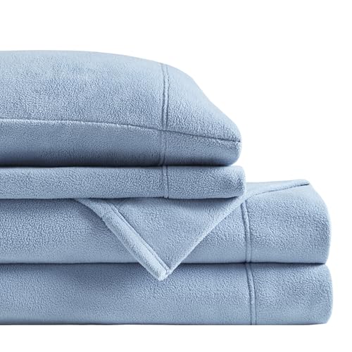 "SLEEP PHILOSOPHY True North Micro Fleece Bed Sheet Set, Warm, Sheets with 14"" Deep Pocket, for Cold Season Cozy Sheet-Set, Matching Pillow Case, King, Blue, 4 Piece"