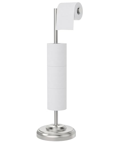 WZKALY Toilet Paper Holder Stand, Brushed Nickel Free Standing Toilet Paper Holder with Storage for Bathroom, Reserve for 5 Rolls, SUS304 Stainless Steel Toilet Paper Roll Holder with Weighted Base
