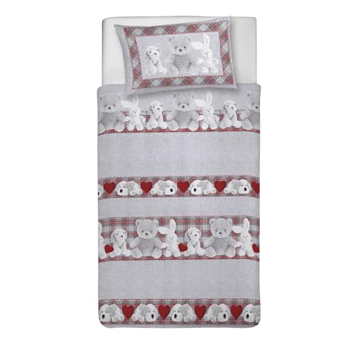 PENSIERI DELICATI Single Duvet Cover Set, 100% Cotton, Complete with 150 x 200 cm Bag and 1 Pillowcase 52 x 82 cm, Made in Italy, Duvet Cover Machine Washable At 40 Degrees, Red Plush Pattern