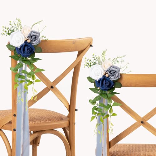 DORIS HOME Wedding Aisle Decorations Blue Pew Flowers Set of 10 - Artificial Flowers, Eucalyptus, Ribbons Included, Wedding Ceremony Party Chair Decor