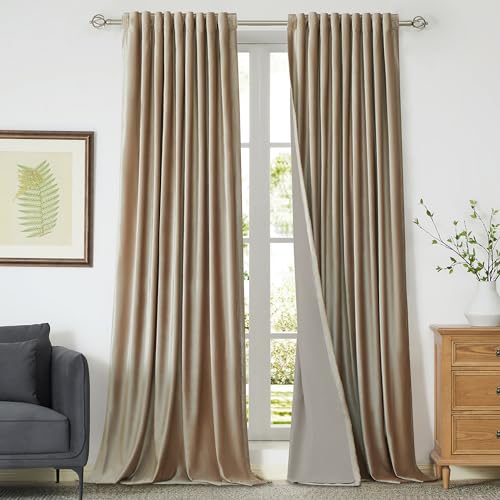 100% Full Blackout Champagne Beige Velvet Curtains - 120 inch Long for Living Room, Set of 2 Liner Rod Pocket Back Tab Thermal Window Curtains - Room Darkening Decorative Drapes