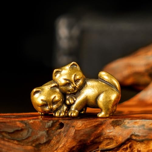 Playful Cats Brass Sculpture - 100% Solid Handcast Retro Animal Statue, Whimsical Friendship Desk Decor for Home & Office, Unique Collectible Gift for Pet Lovers, Handcrafted Dog Lover Art Piece