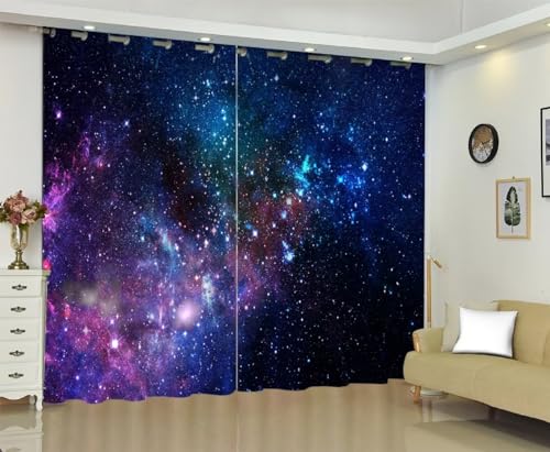 kxry Blue Purple 3D Galaxy Blackout Curtains for Bedroom Living Room Starry Sky Universe Darkening Grommet Curtain 63 Inches Long Window Drapes Treatment Room Decor,2 Panels Set, 42''W x 63''L