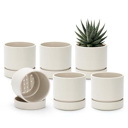 Phoenix Vine 4 Inch Planter Pot with Drainage Hole & Saucer, Deep Water Catch Tray, Straight Cylindrical Round Pot for Plants, Oatmeal, Pack of 6, 23-E-R-6